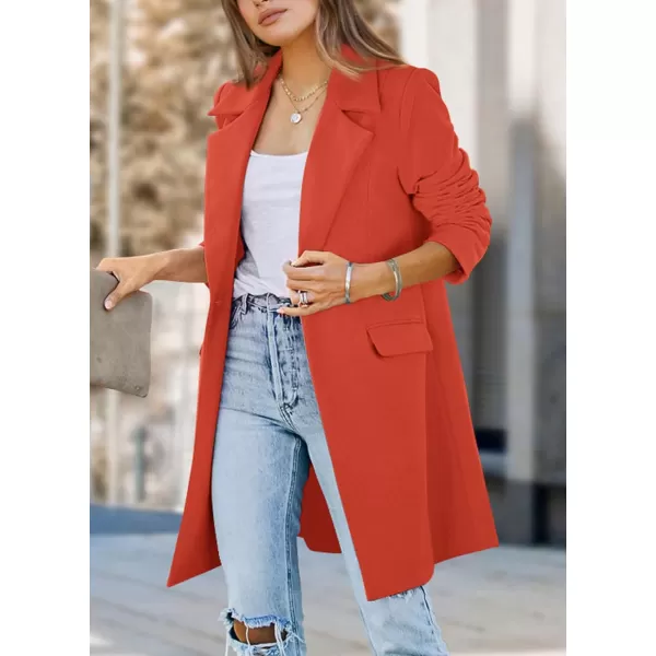 imagePRETTYGARDEN Womens 2023 Fall Long Blazer Jackets Long Sleeve Lapel Pockets Loose Fit Work Casual Blazers OuterwearOrange Red