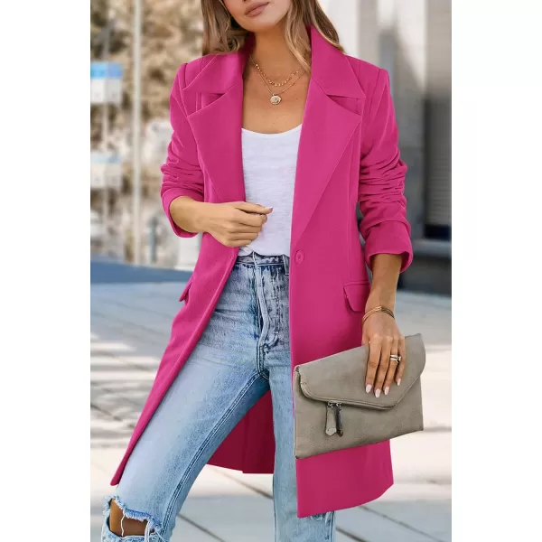 imagePRETTYGARDEN Womens 2023 Fall Long Blazer Jackets Long Sleeve Lapel Pockets Loose Fit Work Casual Blazers OuterwearRose Red