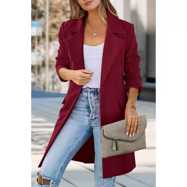 imagePRETTYGARDEN Womens 2023 Fall Long Blazer Jackets Long Sleeve Lapel Pockets Loose Fit Work Casual Blazers OuterwearWine Red