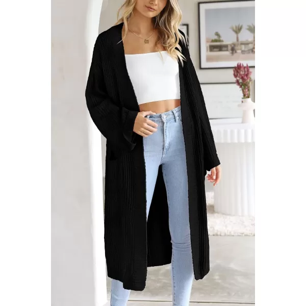 imagePRETTYGARDEN Womens 2023 Fall Long Cardigan Sweaters Open Front Long Sleeve Loose Fit Pockets Knit Sweater Coat OuterwearBlack