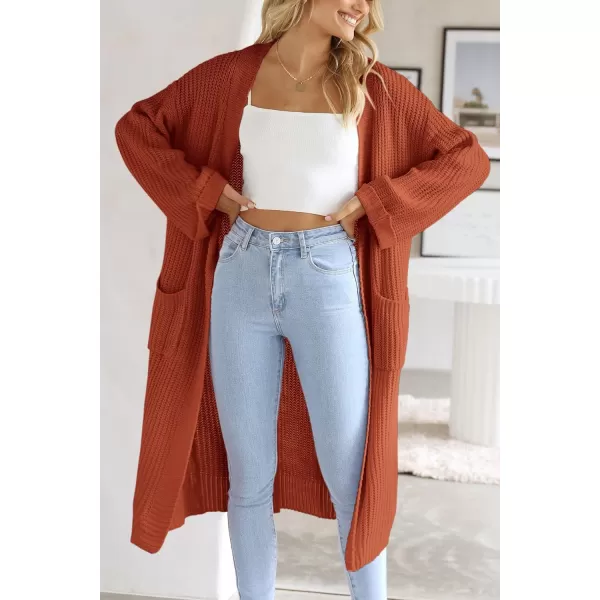 imagePRETTYGARDEN Womens 2023 Fall Long Cardigan Sweaters Open Front Long Sleeve Loose Fit Pockets Knit Sweater Coat OuterwearBrick Red