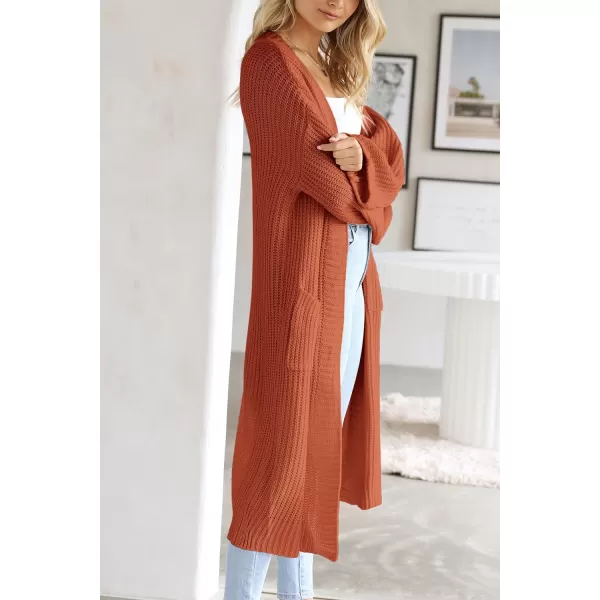 imagePRETTYGARDEN Womens 2023 Fall Long Cardigan Sweaters Open Front Long Sleeve Loose Fit Pockets Knit Sweater Coat OuterwearBrick Red