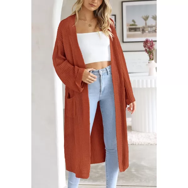 imagePRETTYGARDEN Womens 2023 Fall Long Cardigan Sweaters Open Front Long Sleeve Loose Fit Pockets Knit Sweater Coat OuterwearBrick Red
