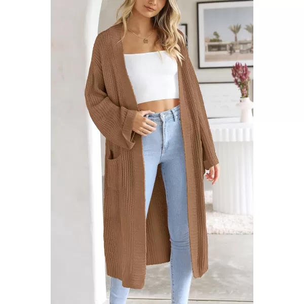 imagePRETTYGARDEN Womens 2023 Fall Long Cardigan Sweaters Open Front Long Sleeve Loose Fit Pockets Knit Sweater Coat OuterwearCamel