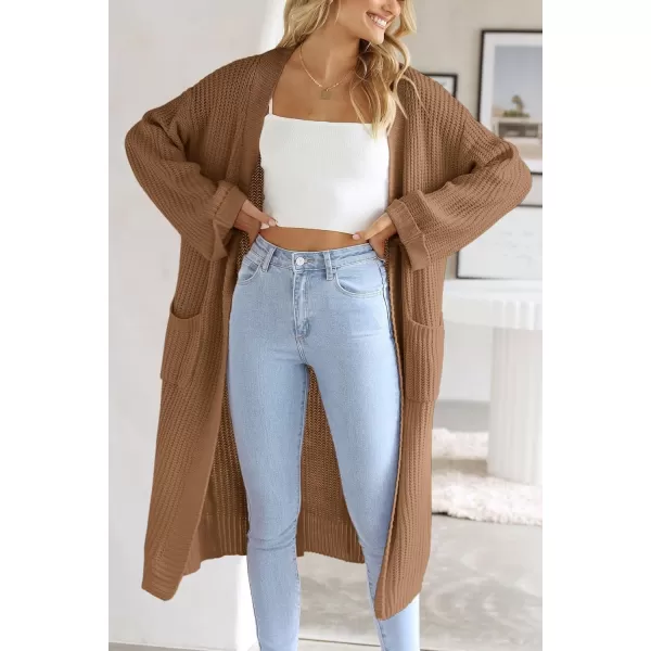 imagePRETTYGARDEN Womens 2023 Fall Long Cardigan Sweaters Open Front Long Sleeve Loose Fit Pockets Knit Sweater Coat OuterwearCamel