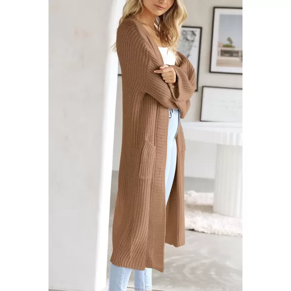 imagePRETTYGARDEN Womens 2023 Fall Long Cardigan Sweaters Open Front Long Sleeve Loose Fit Pockets Knit Sweater Coat OuterwearCamel