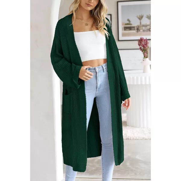 imagePRETTYGARDEN Womens 2023 Fall Long Cardigan Sweaters Open Front Long Sleeve Loose Fit Pockets Knit Sweater Coat OuterwearDark Green