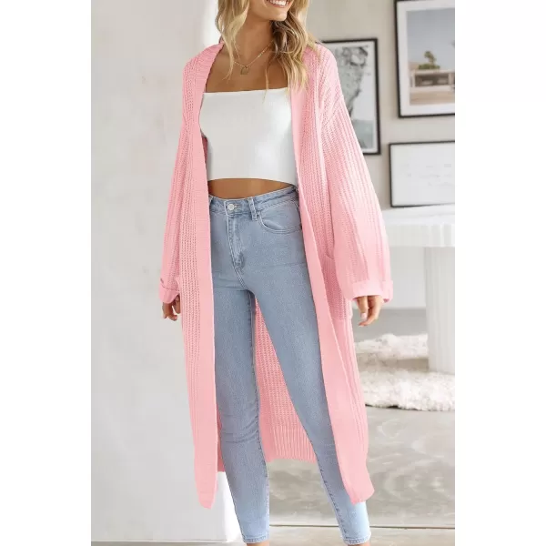 imagePRETTYGARDEN Womens 2023 Fall Long Cardigan Sweaters Open Front Long Sleeve Loose Fit Pockets Knit Sweater Coat OuterwearPink