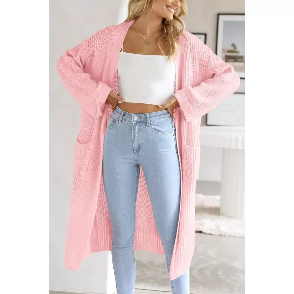 imagePRETTYGARDEN Womens 2023 Fall Long Cardigan Sweaters Open Front Long Sleeve Loose Fit Pockets Knit Sweater Coat OuterwearPink