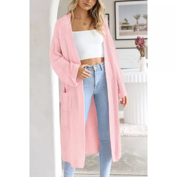 imagePRETTYGARDEN Womens 2023 Fall Long Cardigan Sweaters Open Front Long Sleeve Loose Fit Pockets Knit Sweater Coat OuterwearPink