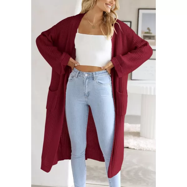 imagePRETTYGARDEN Womens 2023 Fall Long Cardigan Sweaters Open Front Long Sleeve Loose Fit Pockets Knit Sweater Coat OuterwearWine Red