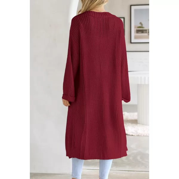 imagePRETTYGARDEN Womens 2023 Fall Long Cardigan Sweaters Open Front Long Sleeve Loose Fit Pockets Knit Sweater Coat OuterwearWine Red
