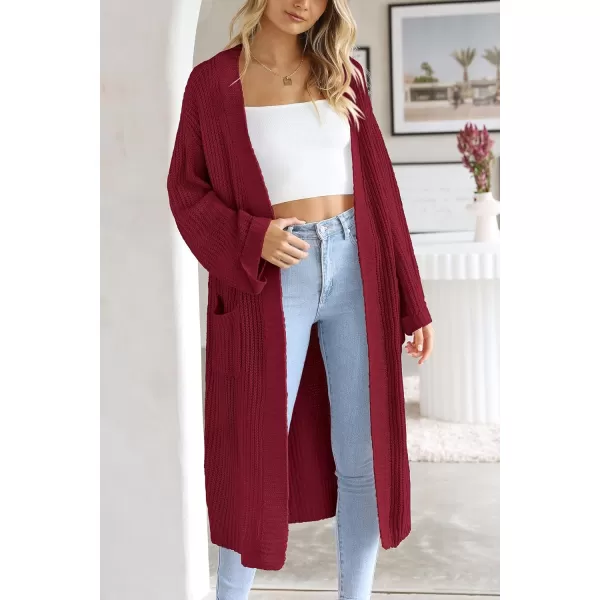 imagePRETTYGARDEN Womens 2023 Fall Long Cardigan Sweaters Open Front Long Sleeve Loose Fit Pockets Knit Sweater Coat OuterwearWine Red