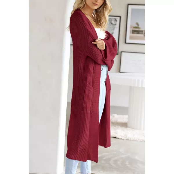 imagePRETTYGARDEN Womens 2023 Fall Long Cardigan Sweaters Open Front Long Sleeve Loose Fit Pockets Knit Sweater Coat OuterwearWine Red