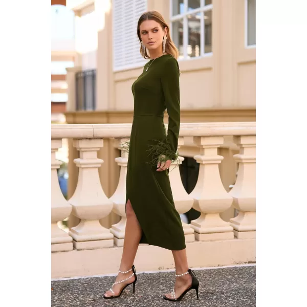 imagePRETTYGARDEN Womens 2023 Fall Long Sleeve Dress Formal Midi Bodycon Wrap Slit Feather Elegant Wedding Guest Cocktail DressesArmy Green