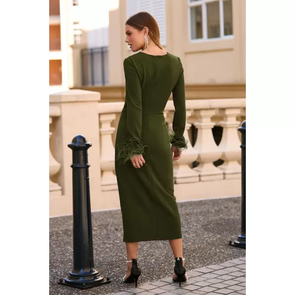 imagePRETTYGARDEN Womens 2023 Fall Long Sleeve Dress Formal Midi Bodycon Wrap Slit Feather Elegant Wedding Guest Cocktail DressesArmy Green