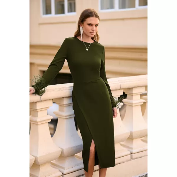 imagePRETTYGARDEN Womens 2023 Fall Long Sleeve Dress Formal Midi Bodycon Wrap Slit Feather Elegant Wedding Guest Cocktail DressesArmy Green