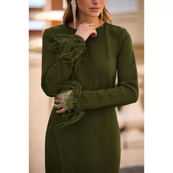 imagePRETTYGARDEN Womens 2023 Fall Long Sleeve Dress Formal Midi Bodycon Wrap Slit Feather Elegant Wedding Guest Cocktail DressesArmy Green