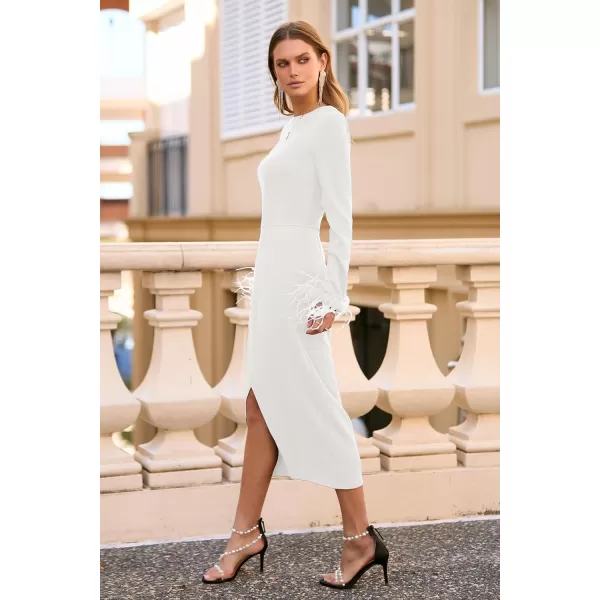 imagePRETTYGARDEN Womens 2023 Fall Long Sleeve Dress Formal Midi Bodycon Wrap Slit Feather Elegant Wedding Guest Cocktail DressesBeige White