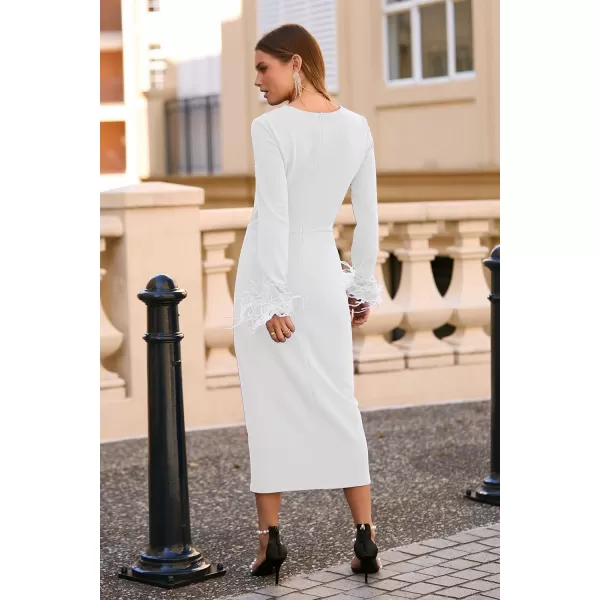imagePRETTYGARDEN Womens 2023 Fall Long Sleeve Dress Formal Midi Bodycon Wrap Slit Feather Elegant Wedding Guest Cocktail DressesBeige White