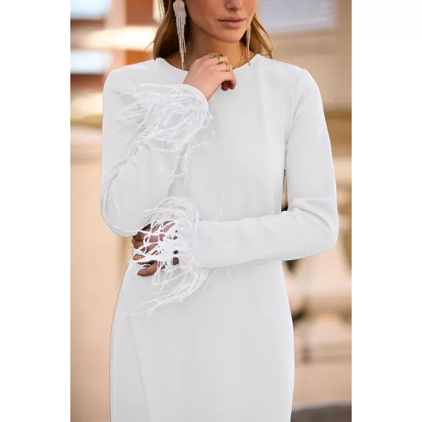 imagePRETTYGARDEN Womens 2023 Fall Long Sleeve Dress Formal Midi Bodycon Wrap Slit Feather Elegant Wedding Guest Cocktail DressesBeige White
