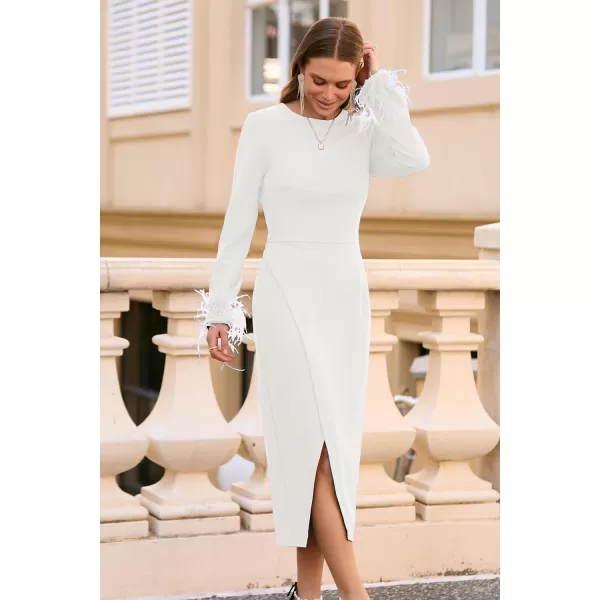 imagePRETTYGARDEN Womens 2023 Fall Long Sleeve Dress Formal Midi Bodycon Wrap Slit Feather Elegant Wedding Guest Cocktail DressesBeige White