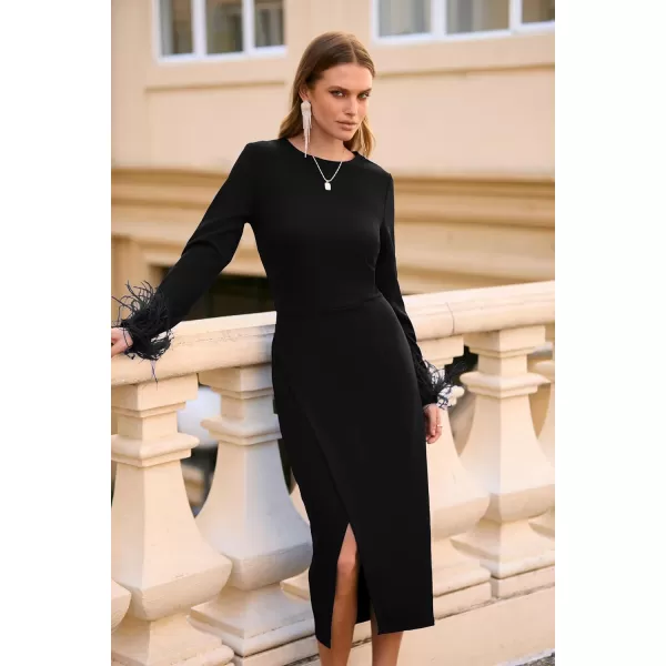 imagePRETTYGARDEN Womens 2023 Fall Long Sleeve Dress Formal Midi Bodycon Wrap Slit Feather Elegant Wedding Guest Cocktail DressesBlack