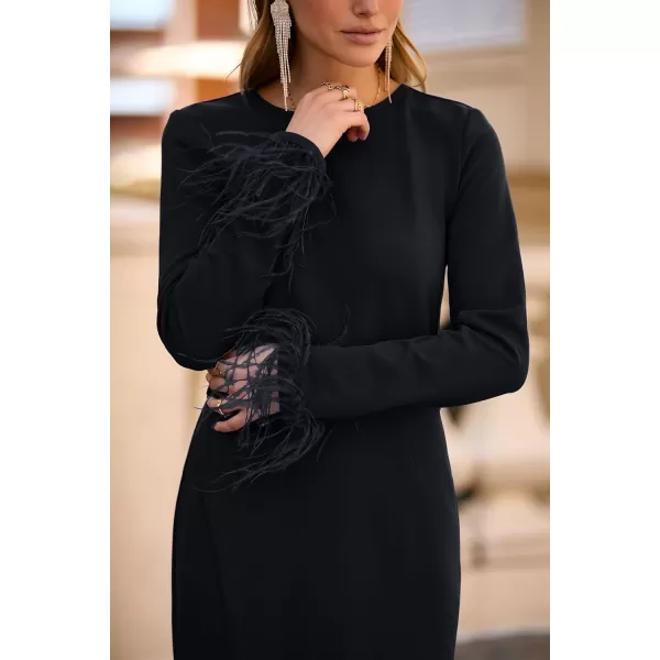 imagePRETTYGARDEN Womens 2023 Fall Long Sleeve Dress Formal Midi Bodycon Wrap Slit Feather Elegant Wedding Guest Cocktail DressesBlack