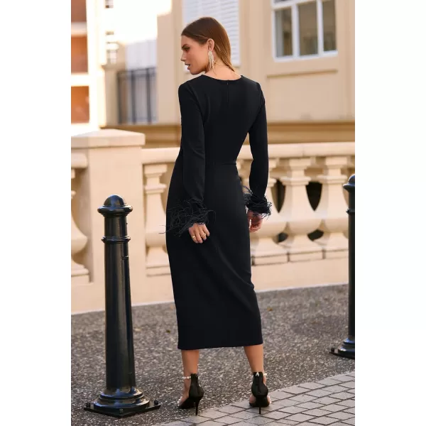 imagePRETTYGARDEN Womens 2023 Fall Long Sleeve Dress Formal Midi Bodycon Wrap Slit Feather Elegant Wedding Guest Cocktail DressesBlack