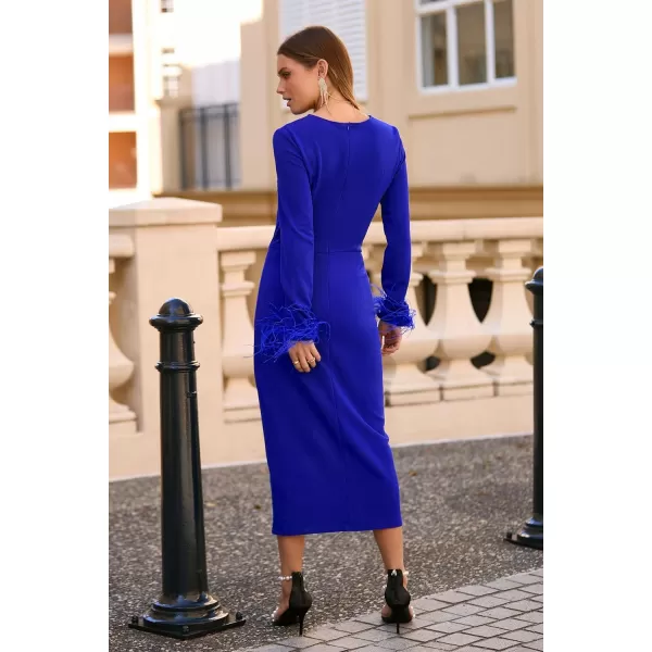 imagePRETTYGARDEN Womens 2023 Fall Long Sleeve Dress Formal Midi Bodycon Wrap Slit Feather Elegant Wedding Guest Cocktail DressesBlue
