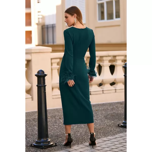 imagePRETTYGARDEN Womens 2023 Fall Long Sleeve Dress Formal Midi Bodycon Wrap Slit Feather Elegant Wedding Guest Cocktail DressesDark Green