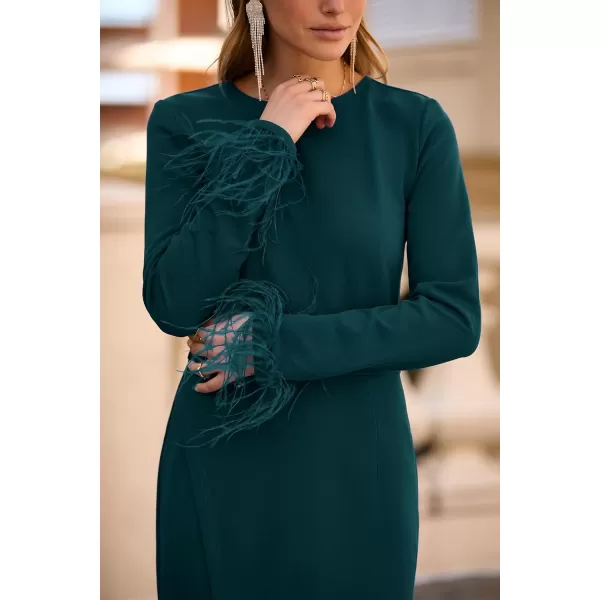 imagePRETTYGARDEN Womens 2023 Fall Long Sleeve Dress Formal Midi Bodycon Wrap Slit Feather Elegant Wedding Guest Cocktail DressesDark Green