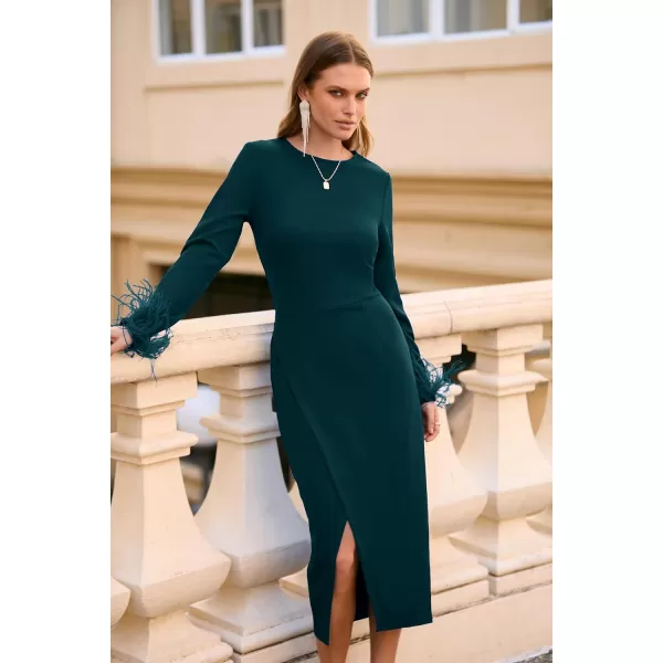 imagePRETTYGARDEN Womens 2023 Fall Long Sleeve Dress Formal Midi Bodycon Wrap Slit Feather Elegant Wedding Guest Cocktail DressesDark Green