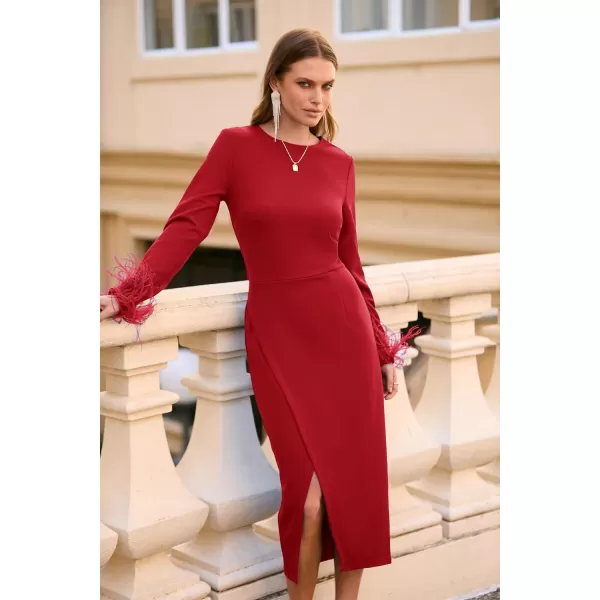 imagePRETTYGARDEN Womens 2023 Fall Long Sleeve Dress Formal Midi Bodycon Wrap Slit Feather Elegant Wedding Guest Cocktail DressesRed