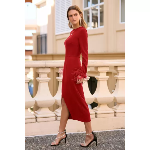 imagePRETTYGARDEN Womens 2023 Fall Long Sleeve Dress Formal Midi Bodycon Wrap Slit Feather Elegant Wedding Guest Cocktail DressesRed