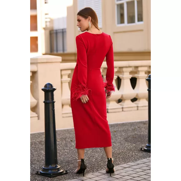 imagePRETTYGARDEN Womens 2023 Fall Long Sleeve Dress Formal Midi Bodycon Wrap Slit Feather Elegant Wedding Guest Cocktail DressesRed