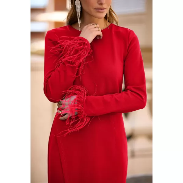 imagePRETTYGARDEN Womens 2023 Fall Long Sleeve Dress Formal Midi Bodycon Wrap Slit Feather Elegant Wedding Guest Cocktail DressesRed