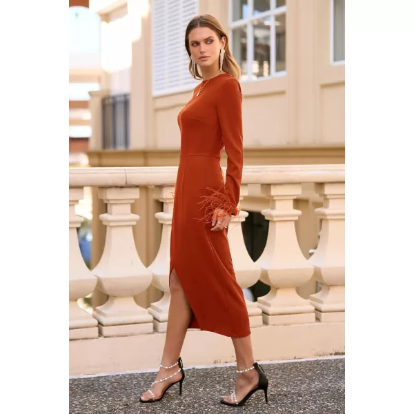 imagePRETTYGARDEN Womens 2023 Fall Long Sleeve Dress Formal Midi Bodycon Wrap Slit Feather Elegant Wedding Guest Cocktail DressesRust Red