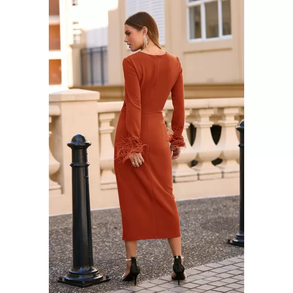 imagePRETTYGARDEN Womens 2023 Fall Long Sleeve Dress Formal Midi Bodycon Wrap Slit Feather Elegant Wedding Guest Cocktail DressesRust Red