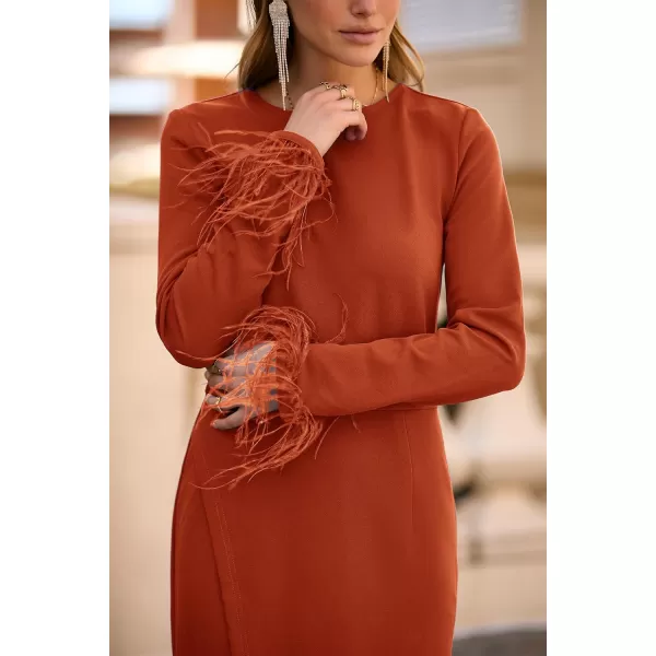 imagePRETTYGARDEN Womens 2023 Fall Long Sleeve Dress Formal Midi Bodycon Wrap Slit Feather Elegant Wedding Guest Cocktail DressesRust Red