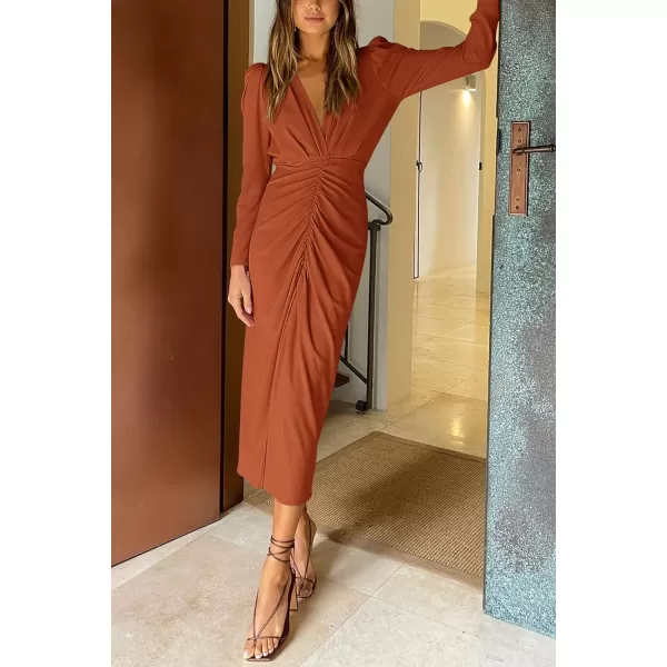 imagePRETTYGARDEN Womens 2023 Fall Maxi Dress Long Sleeve Deep V Neck Ruched Slit Casual Formal Elegant Party Cocktail DressesBrick Red