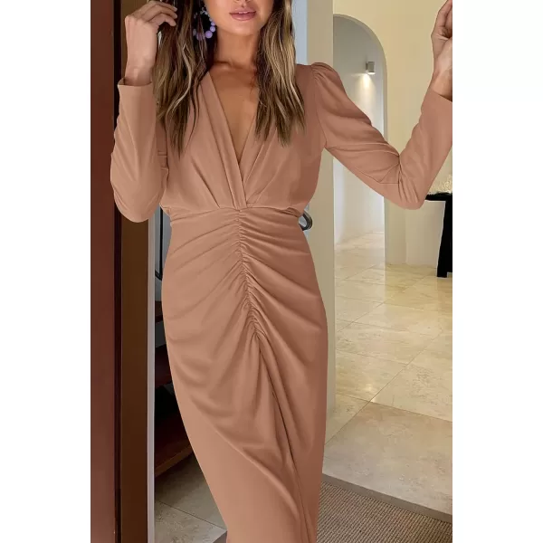 imagePRETTYGARDEN Womens 2023 Fall Maxi Dress Long Sleeve Deep V Neck Ruched Slit Casual Formal Elegant Party Cocktail DressesKhaki