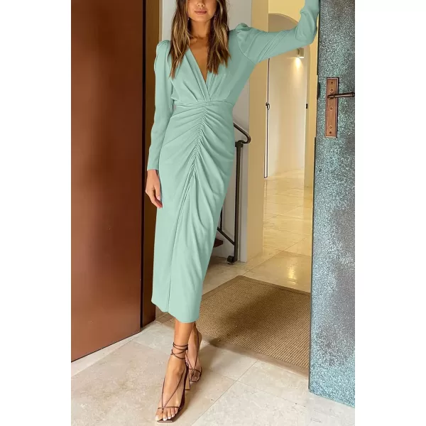 imagePRETTYGARDEN Womens 2023 Fall Maxi Dress Long Sleeve Deep V Neck Ruched Slit Casual Formal Elegant Party Cocktail DressesLight Green