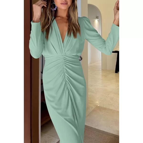 imagePRETTYGARDEN Womens 2023 Fall Maxi Dress Long Sleeve Deep V Neck Ruched Slit Casual Formal Elegant Party Cocktail DressesLight Green