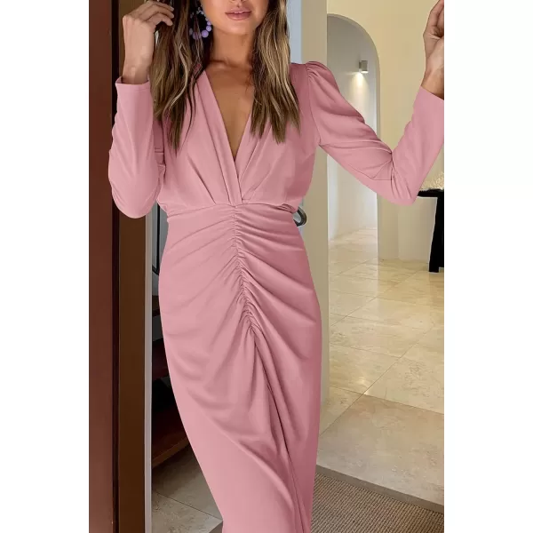imagePRETTYGARDEN Womens 2023 Fall Maxi Dress Long Sleeve Deep V Neck Ruched Slit Casual Formal Elegant Party Cocktail DressesPink