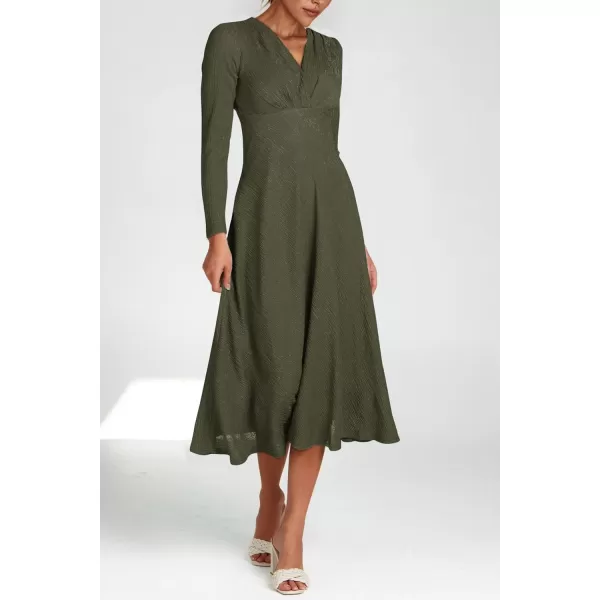 imagePRETTYGARDEN Womens 2023 Fall Midi Dress Casual Long Sleeve V Neck Cocktail Party A Line Flowy DressesArmy Green