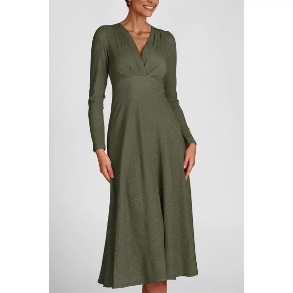 imagePRETTYGARDEN Womens 2023 Fall Midi Dress Casual Long Sleeve V Neck Cocktail Party A Line Flowy DressesArmy Green