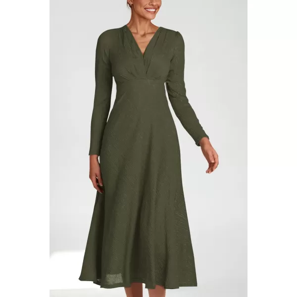 imagePRETTYGARDEN Womens 2023 Fall Midi Dress Casual Long Sleeve V Neck Cocktail Party A Line Flowy DressesArmy Green