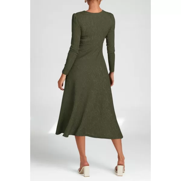 imagePRETTYGARDEN Womens 2023 Fall Midi Dress Casual Long Sleeve V Neck Cocktail Party A Line Flowy DressesArmy Green