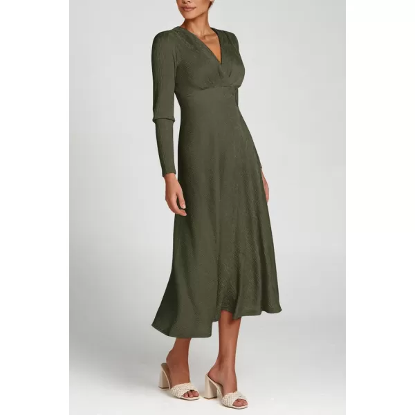 imagePRETTYGARDEN Womens 2023 Fall Midi Dress Casual Long Sleeve V Neck Cocktail Party A Line Flowy DressesArmy Green